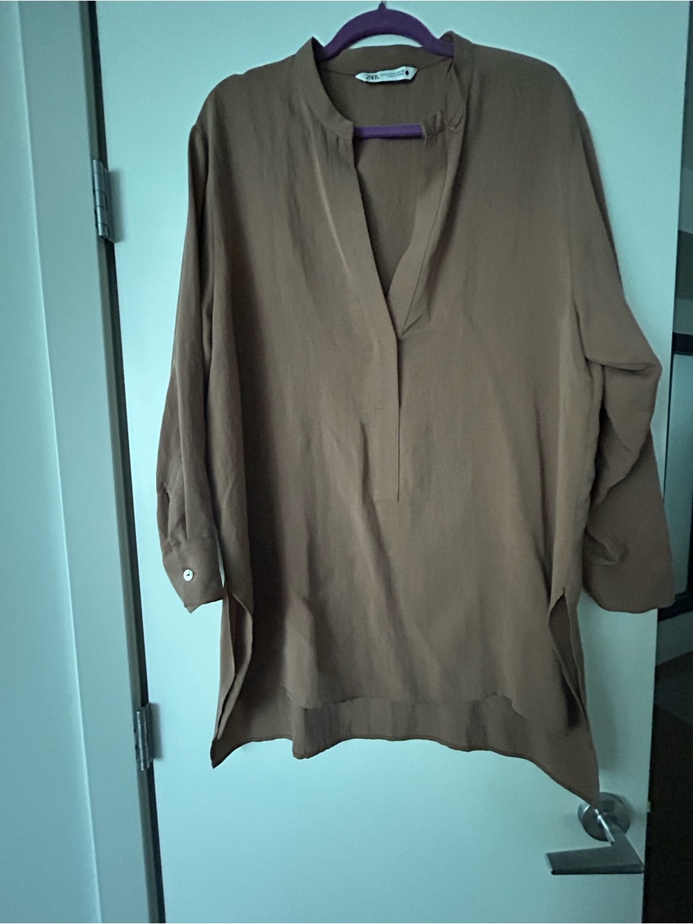 Zara Brown Relaxed Button-Down Tunic Shirt
